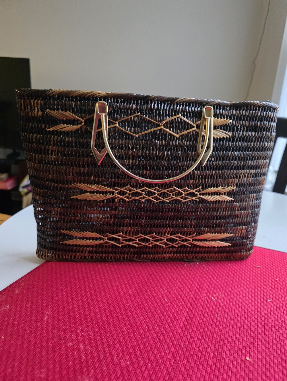 Vintage Brown Woven Tote with Gold Handles - Picture 2 of 4